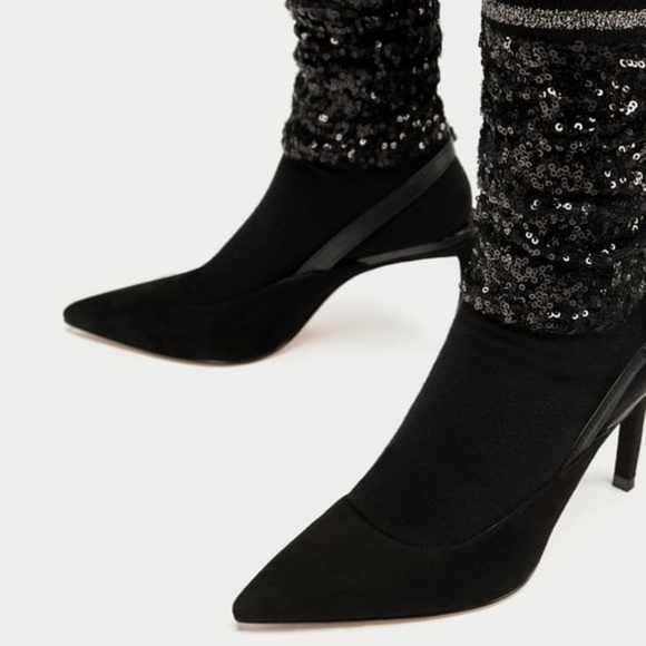 Zara Sequinned Sock Style Slingback Court Heels - Picture 3 of 8